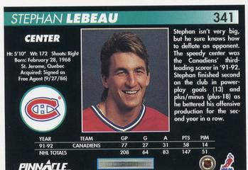 1992-93 Pinnacle #341 Stephan Lebeau Back
