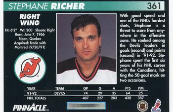 1992-93 Pinnacle #361 Stephane Richer Back