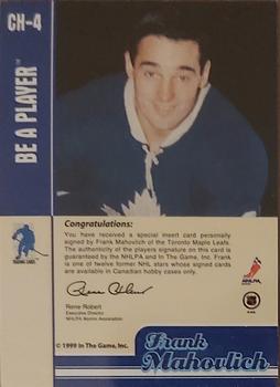 1999-00 Be a Player Memorabilia - Canadian Hobby Autographs #CH-4 Frank Mahovlich Back