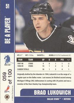 1999-00 Be a Player Memorabilia - Gold #51 Brad Lukowich Back