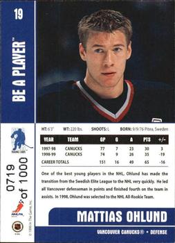 1999-00 Be a Player Memorabilia - Silver #19 Mattias Ohlund Back