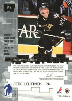 1999-00 Be a Player Millennium Signature Series - Autographs #81 Jere Lehtinen Back