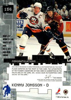 1999-00 Be a Player Millennium Signature Series - Autographs #156 Kenny Jonsson Back