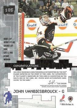 1999-00 Be a Player Millennium Signature Series - Autographs #185 John Vanbiesbrouck Back