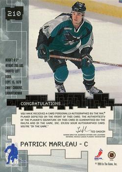 1999-00 Be a Player Millennium Signature Series - Autographs #210 Patrick Marleau Back