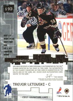 1999-00 Be a Player Millennium Signature Series - Autographs Gold #193 Trevor Letowski Back
