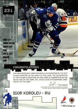 1999-00 Be a Player Millennium Signature Series - Autographs Gold #231 Igor Korolev Back