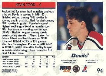 1992-93 Pro Set #94 Kevin Todd Back