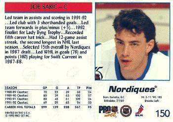 1992-93 Pro Set #150 Joe Sakic Back