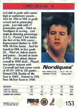 1992-93 Pro Set #153 Owen Nolan Back