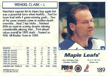 1992-93 Pro Set #189 Wendel Clark Back