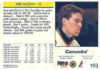 1992-93 Pro Set #193 Kirk McLean Back