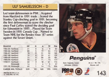 1992-93 Pro Set #143 Ulf Samuelsson Back