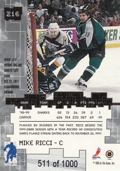 1999-00 Be a Player Millennium Signature Series - Ruby #216 Mike Ricci Back