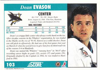 1992-93 Score #103 Dean Evason Back