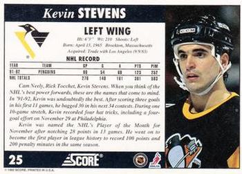 1992-93 Score #25 Kevin Stevens Back
