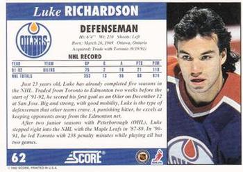 1992-93 Score #62 Luke Richardson Back