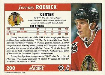 1992-93 Score #200 Jeremy Roenick Back