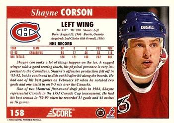 1992-93 Score #158 Shayne Corson Back