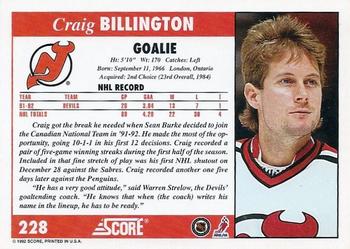 1992-93 Score #228 Craig Billington Back
