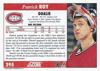 1992-93 Score #295 Patrick Roy Back