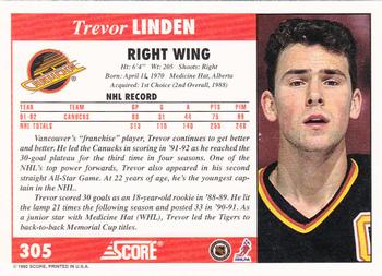 1992-93 Score #305 Trevor Linden Back