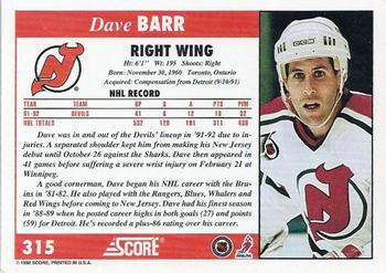 1992-93 Score #315 Dave Barr Back