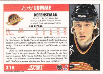 1992-93 Score #318 Jyrki Lumme Back