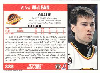 1992-93 Score #385 Kirk McLean Back