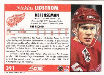 1992-93 Score #391 Nicklas Lidstrom Back