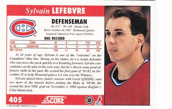 1992-93 Score #405 Sylvain Lefebvre Back