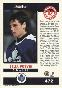 1992-93 Score #472 Felix Potvin Back