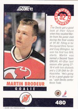 1992-93 Score #480 Martin Brodeur Back