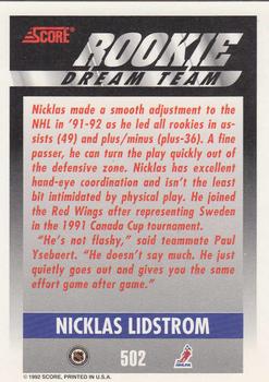 1992-93 Score #502 Nicklas Lidstrom Back