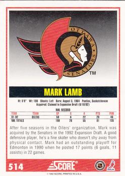 1992-93 Score #514 Mark Lamb Back