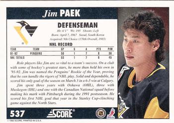 1992-93 Score #537 Jim Paek Back