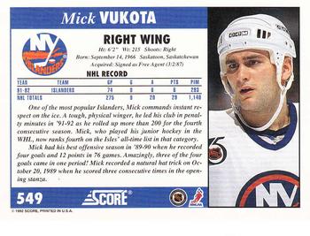 1992-93 Score #549 Mick Vukota Back