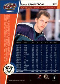 1999-00 Pacific - Gold #15 Tomas Sandstrom Back