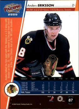1999-00 Pacific - Ice Blue #87 Anders Eriksson Back