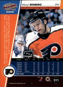 1999-00 Pacific - Ice Blue #311 Mikael Renberg Back