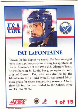 1992-93 Score - USA Greats #1 Pat LaFontaine Back