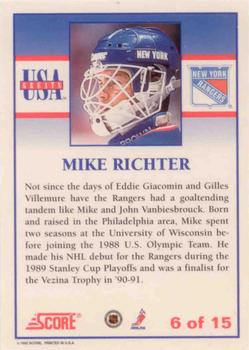 1992-93 Score - USA Greats #6 Mike Richter Back