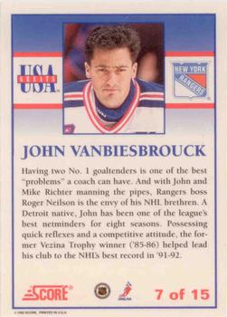 1992-93 Score - USA Greats #7 John Vanbiesbrouck Back