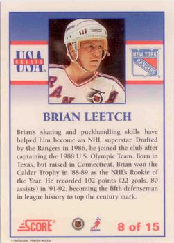 1992-93 Score - USA Greats #8 Brian Leetch Back