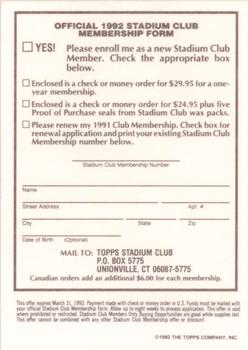1992-93 Stadium Club #NNO 1992 Stadium Club Membership Form Back