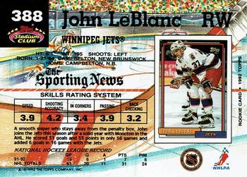 1992-93 Stadium Club #388 John LeBlanc Back