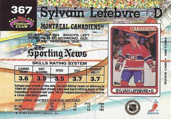 1992-93 Stadium Club #367 Sylvain Lefebvre Back