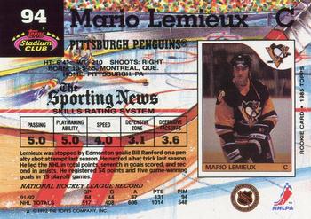 1992-93 Stadium Club #94 Mario Lemieux Back