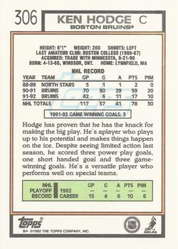 1992-93 Topps #306 Ken Hodge Back