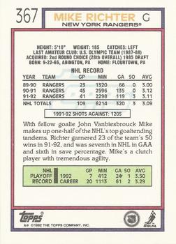 1992-93 Topps #367 Mike Richter Back